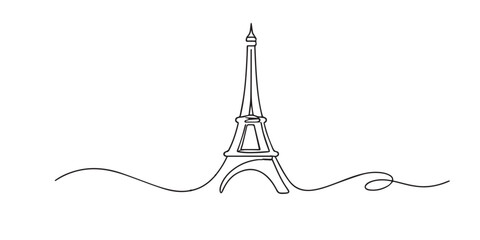 Continuous line drawing of the Eiffel Tower. One line drawing for famous landmark concept, Paris travel, architecture, and tourism theme. © bakul garis