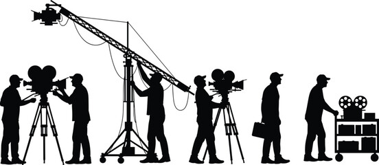 Black Silhouette Set of Professional Film Crew Operating Cinema Cameras and Jib Cranes for Movie Production and Television Broadcast Studio