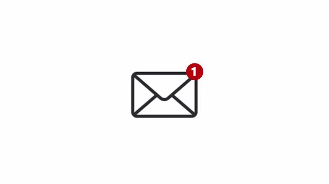 Incoming 1 Message notification alert animation on white  background. envelope icon, message, incoming mail, Sending mail sign, Email notification symbol, new message notification  animation in 4K
