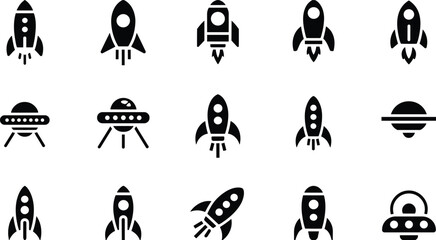 Rocket and UFO icons, space exploration silhouettes, futuristic spacecraft artwork, alien spaceship symbols, science fiction design collection, cosmic travel illustration © MDRAJ