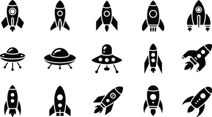Rocket and UFO icons, space exploration silhouettes, futuristic spacecraft artwork, alien spaceship symbols, science fiction illustration, cosmic travel design collection © MDRAJ