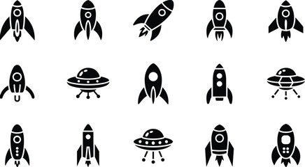 Rocket and UFO icons, space exploration silhouettes, futuristic spacecraft artwork, alien spaceship symbols, science fiction illustration, cosmic travel design collection © MDRAJ