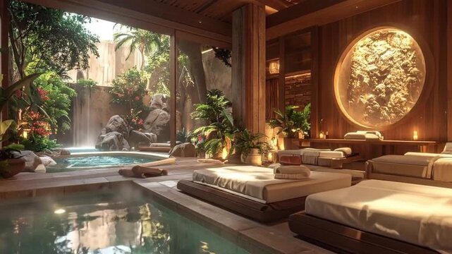 Luxurious spa interior with a pool, relaxation beds, and a serene outdoor view, creating a tranquil atmosphere.
