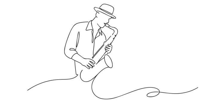 Continuous line drawing of a man playing saxophone wearing a hat. jazz music and artistic expression. One line drawing for saxophonist, live performance, creativity, and smooth jazz illustration.