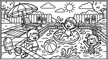 Fototapeta premium Black and white vector art children playing swimming pool beach ball splashing water summer backyard umbrella sun scene