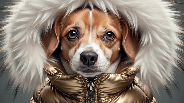 A cute dog wearing a winter coat with a fur-lined hood, looking adorable.