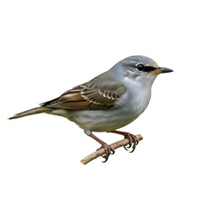 Fototapeta premium Small grey bird perched on a thin branch isolated on white background.