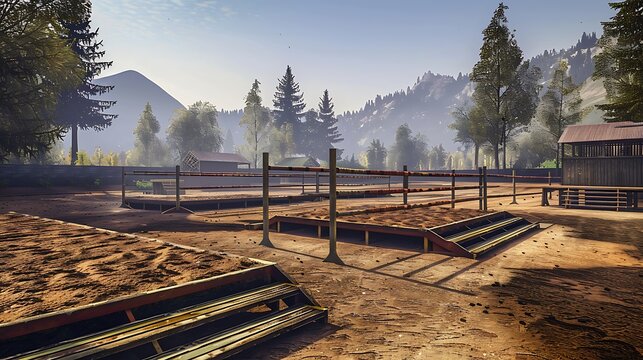 Horse riding arena with jumps and obstacles in a rural setting