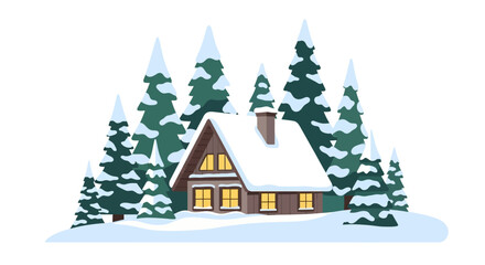 Fototapeta premium Cozy wooden cabin with warm glowing windows nestled in a snowy winter forest, surrounded by snow-covered pine trees. Idyllic holiday retreat.