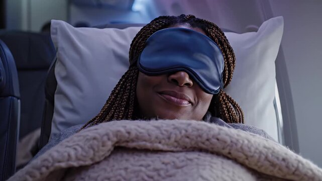 A woman is seen sleeping on an airplane, she's using a blindfolded eye mask and is covered with a soft blanket. The woman is smiling, suggesting she is having a pleasant rest during her travels.