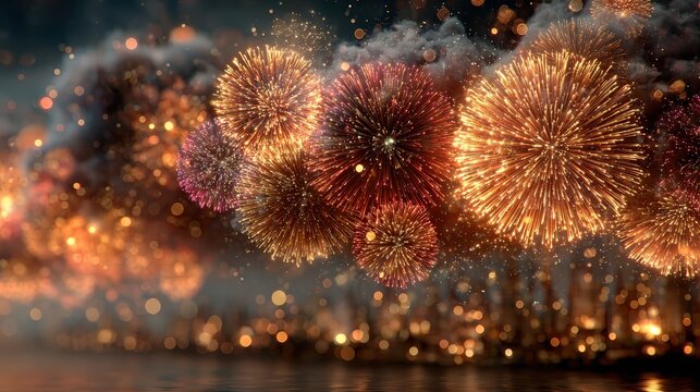 Fireworks light up the night sky near a lake during a festive celebration