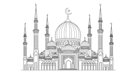 Detailed line drawing of a majestic mosque with multiple minarets and domes © Md Abdul Gafur