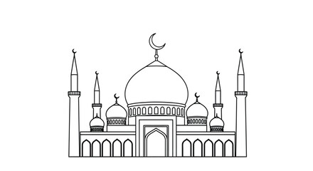 Simple line drawing of a mosque with domes and crescent moon © Md Abdul Gafur