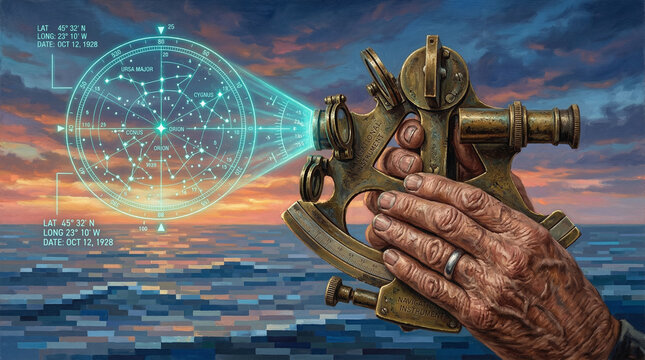Navigation der Zukunft: Antiker Sextant mit projiziertem holografischen Navigationssystem