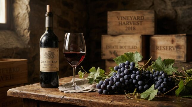 Bottle of Cabernet Sauvignon and glass of red wine sit on wooden surface next to fresh dark grapes in atmospheric stone winery cellar
