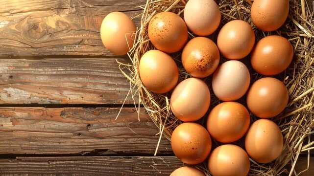 Fresh brown eggs in a nest of straw on a rustic wooden background, top view.