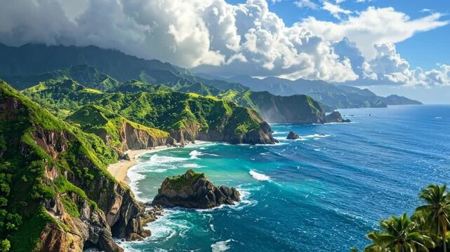 Stunning coastal landscape featuring lush green mountains, turquoise waters, and a dramatic sky with f clouds.