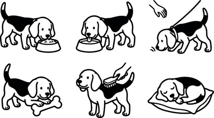 Obraz premium Black and white line art beagle dog eating drinking walking on leash holding bone being brushed and sleeping on pillow set