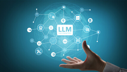 Naklejka premium Large Language Model LLM processing data. Represents deep text learning, natural language processing NLP AI tech, transformer architecture, and generative AI deep learning future technology. Corpus