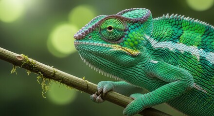 Fototapeta premium A vibrant green chameleon with intricate patterns perches on a mossy branch in a lush, blurred natural environment with bokeh lights.