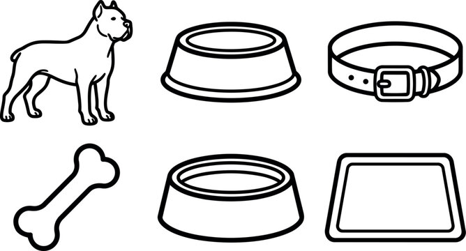 Minimalist line art dog standing with empty collar bone food bowl and tray icons in simple black outline style