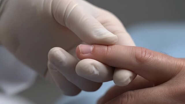 Close up of Healthcare Professional in White Gloves Performing Finger Prick Blood Test for Medical Examination in Clinical Setting with Soft Focus Background