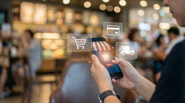 Concepto de ecommerce y pagos digitales desde smartphone. Imagen ideal para marketing digital, comercio electr&oacute;nico y tecnolog&iacute;a financiera.