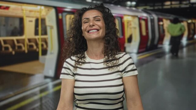 Woman in striped top beckons with hands from open red train door on platform in building; invitation.