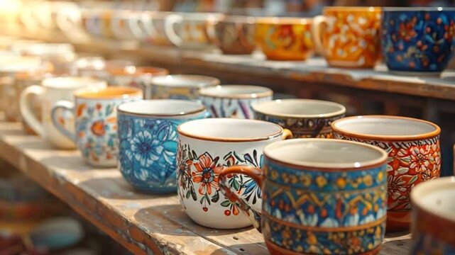 A collection of colorful ceramic mugs with intricate patterns displayed on wooden shelves, perfect for a market.