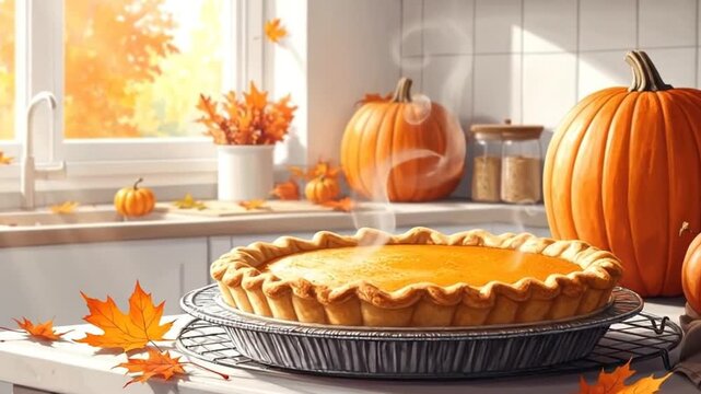 A warm and inviting autumn kitchen scene with pumpkins, pie, and fall foliage.