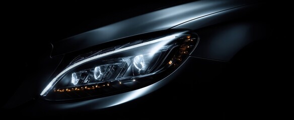 The car headlight illuminated in dramatic low key lighting showcasing a sleek modern design