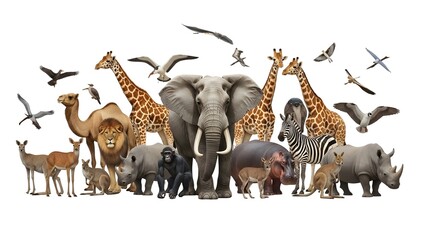 Fototapeta premium A diverse group of wild animals standing together on transparent background