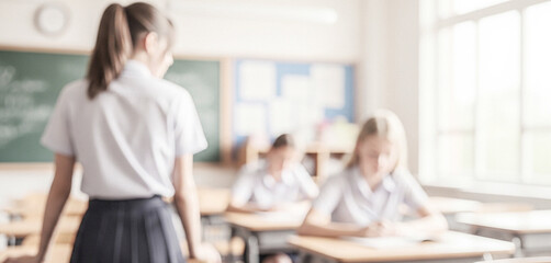 Fototapeta premium A soft-focus image of students in a classroom setting. One student stands while others are seated at desks, engaged in writing or studying.