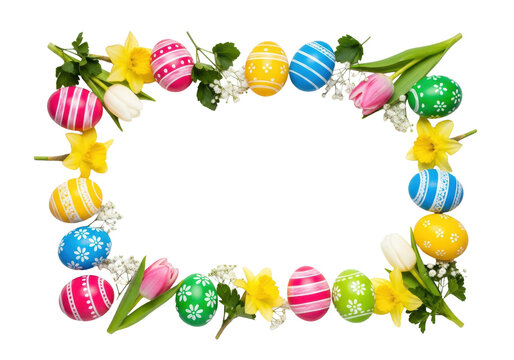 high contrast flat lay photo of brightly colored, patterned easter eggs and vibrant spring flowers (tulips, daffodils) forming a frame on a white surface with central copy space. concept for easter