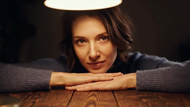 First Person View Of A Woman Sitting At A Wooden Table Under A Single Warm Light Looking Directly At The Camera