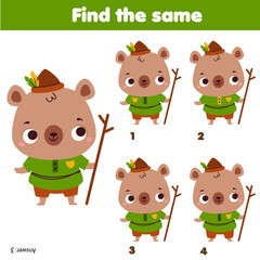 Fototapeta premium Children educational game. Find two same pictures of cute bear animals. Activity fun page for toddlers and babies