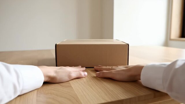 First Person View Placing Cardboard Box on Wooden Table Indoors Natural Light