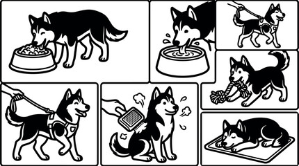 Naklejka premium Black and white cartoon style siberian husky dog eating drinking walking with leash playing with rope toy being brushed and sleeping on mat