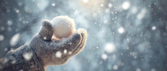 Fototapeta premium The Snowball in a Gloved Hand Amid Soft Falling Snow and Winter Light