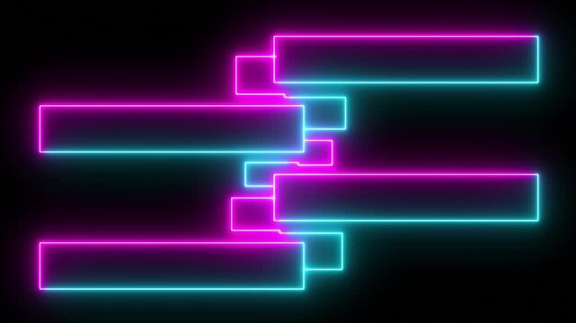 A sequence of four overlapping bright red neon rectangles forming a descending staircase against a deep black void, creating a vibrant visual effect