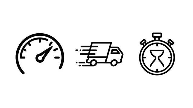 Speedometer, delivery truck and stopwatch icons representing fast delivery and time management, on time