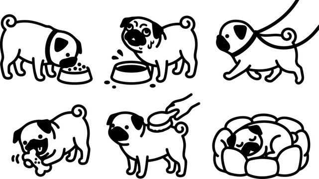 Black and white vector art set of six playful pugs eating walking playing being brushed and sleeping in bed