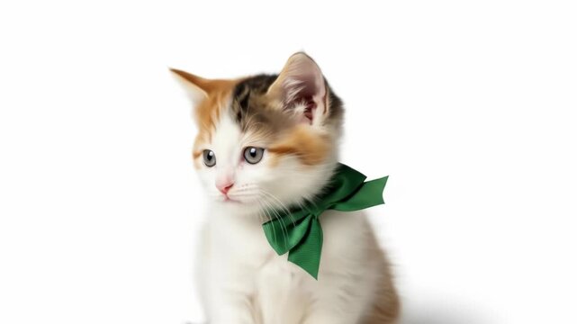 A white, orange, and black kitten with a green ribbon around its neck