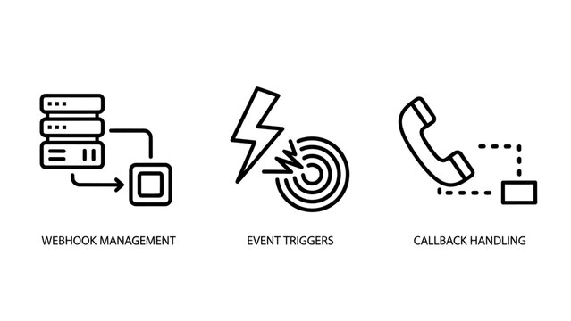 Api and integration icons: webhook management, event triggers, and callback handling for systems