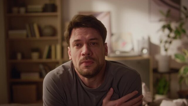 Close up on adult man pressing hands to chest while panicking then coping anxiety attack with breathing technique and glass of water in bedroom with flickering lights