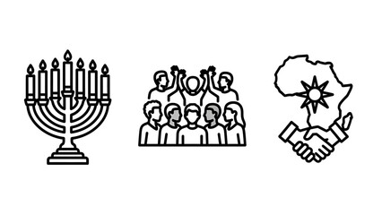 Cultural icons: menorah, diverse crowd, and african handshake symbol for unity and connection, cultural icon, diversity icon, icon set, people icon