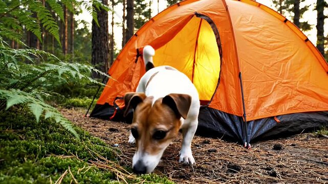 A white and brown dog stands near an orange tent in a forest setting. The dog is alert with its ears perked, enjoying the outdoor adventure.