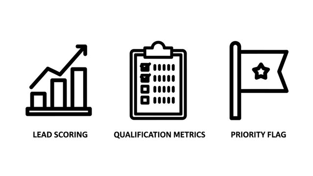 Business growth icons: lead scoring, qualification metrics, priority flag