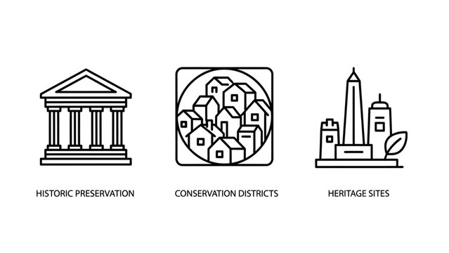 Icons representing historic preservation, conservation districts, and heritage sites, real estate