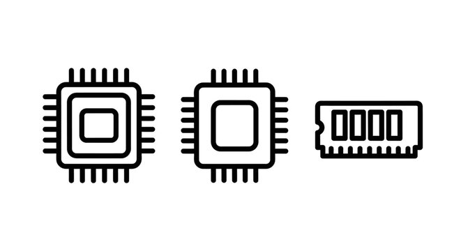 Cpu processor microchip and ram memory module black outline icons set vector illustration for computer hardware